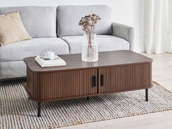Konferenčný stolík tmavohnedý čierne nohy MDF kov 120 x 60 retro štýl posuvné dvierka úložný priestor obývacia izba