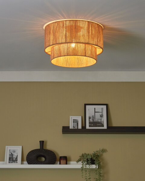 Stropná lampa prírodná jutová okrúhle tienidlo železná konštrukcia boho svietidlo obývacia izba spálňa chodba