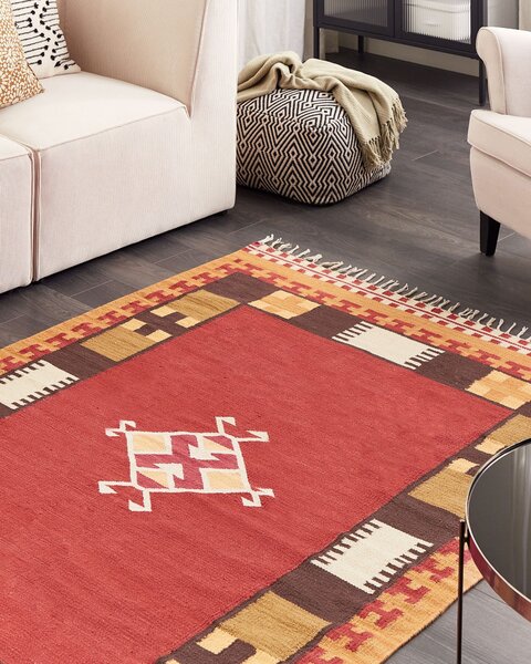 Kelímový koberec viacfarebný bavlna 160 x 230 cm obojstranný geometrický vzor so strapcami ručne tkaný boho štýl obývačka spálňa