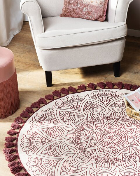Koberec béžová červená bavlna ø 120 cm okrúhly tvar orientálny vzor so strapcami moderný boho štýl obývačka spálňa