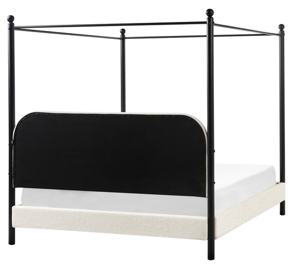 Posteľ s baldachýnom čierny kovový rám krémová biela buklé čalúnenie 160 x 200 cm retro minimalistický štýl