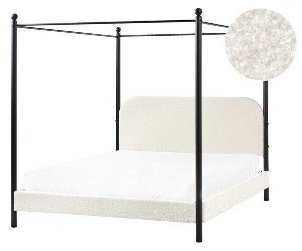 Posteľ s baldachýnom čierny kovový rám krémová biela buklé čalúnenie 160 x 200 cm retro minimalistický štýl