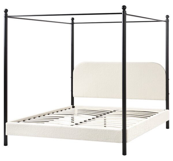 Posteľ s baldachýnom čierny kovový rám krémová biela buklé čalúnenie 160 x 200 cm retro minimalistický štýl