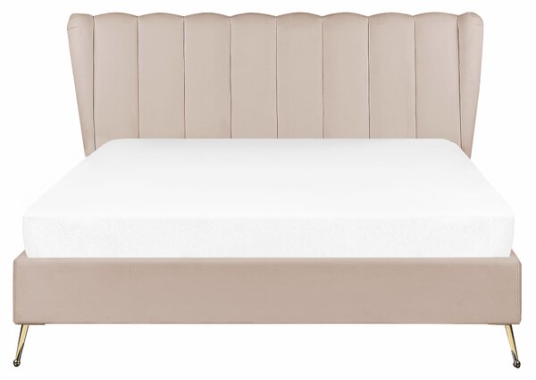 Posteľ sivobéžová zamatové čalúnenie 160 x 200 cm zlaté kovové nohy prešívané čelo s USB portom moderný glamour štýl spálňa