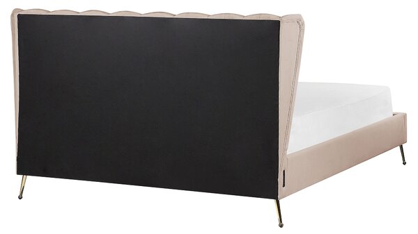 Posteľ sivobéžová zamatové čalúnenie 160 x 200 cm zlaté kovové nohy prešívané čelo s USB portom moderný glamour štýl spálňa