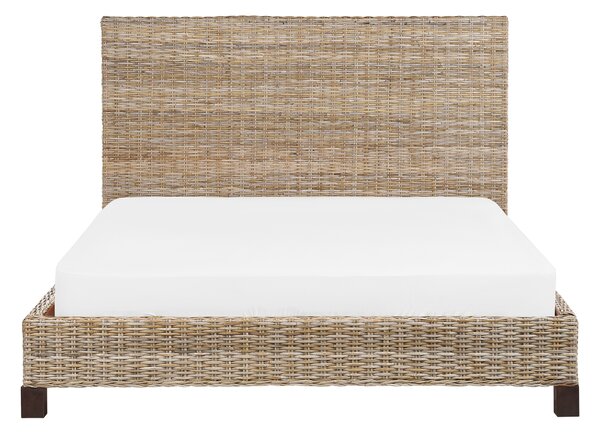 Posteľ prírodná ratan mahagónové drevo 140 x 200 cm lamelový rošt pletené ozdobné čelo boho moderný štýl spálňa