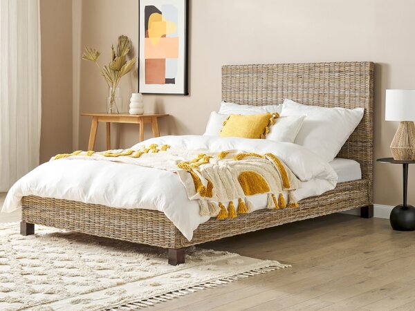 Posteľ prírodná ratan mahagónové drevo 140 x 200 cm lamelový rošt pletené ozdobné čelo boho moderný štýl spálňa