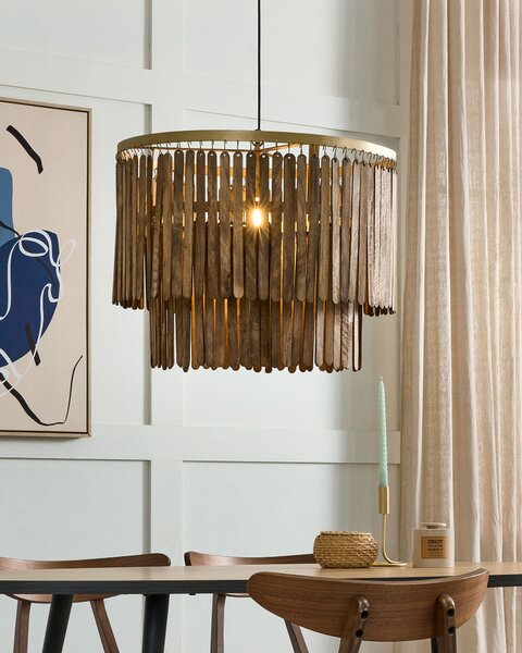 Závesná lampa tmavé mangové drevo prírodné tienidlo boho industriálny štýl ručne vyrobené bytové doplnky