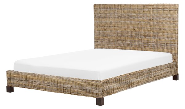 Posteľ prírodná ratan mahagónové drevo 140 x 200 cm lamelový rošt pletené ozdobné čelo boho moderný štýl spálňa