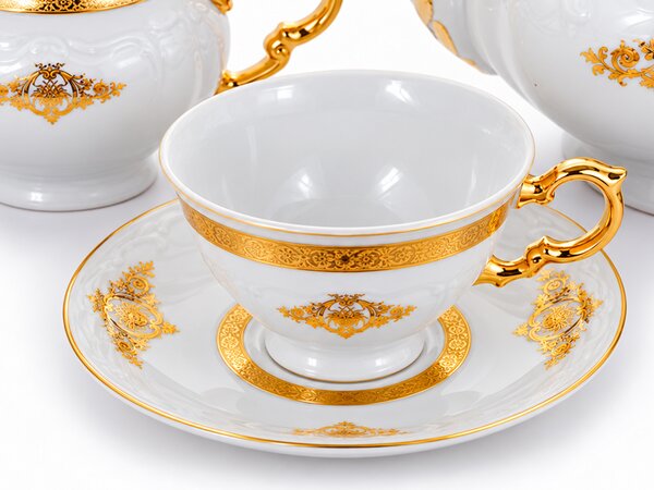 Maria Louise zlatý ornament 17-dielna porcelánová čajová súprava pre 6 osôb (Elegantná čajová súprava Thun 1794 s jemným zlatým ornamentom, reliéfom a šálkami 230 ml)