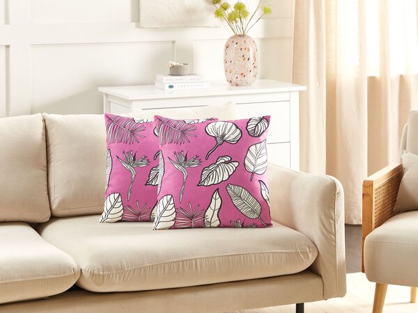 Sada 2 dekoratívnych vankúšov ružová zamat 45 x 45 cm vzor listov moderný štýl doplnky