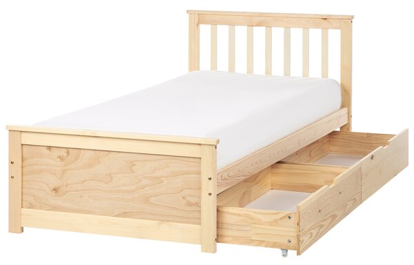 Posteľ svetlohnedá borovicové drevo MDF 90 x 200 cm s čelom úložný priestor 2 zásuvky minimalistický škandinávsky štýl spálňa detská izba