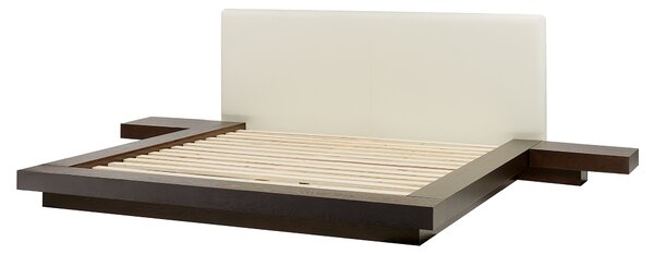 Posteľ v japonskom štýle tmavý jaseň 160 x 200 cm nízky drevený rám postele z MDF koženkové čelo LED podsvietenie nočné stolíky