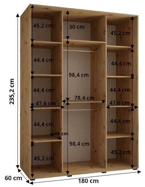 Šatníková skriňa ASIRI 3 - 180/60 cm, biela / dub artisan / strieborná