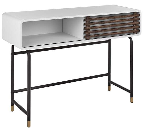Konzolový stolík biela tmavé drevo 80 x 40 x 110 cm posuvné lamelové dvierka úložný priestor moderný rustikálny štýl spálňa predsieň