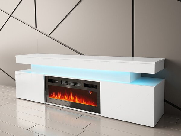 TV stolík s elektrickým krbom USOA - lesklý biely / matný biely + LED osvetlenie ZDARMA