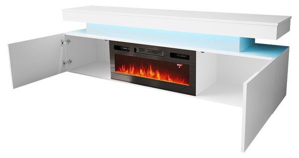 TV stolík s elektrickým krbom USOA - lesklý biely / matný biely + LED osvetlenie ZDARMA