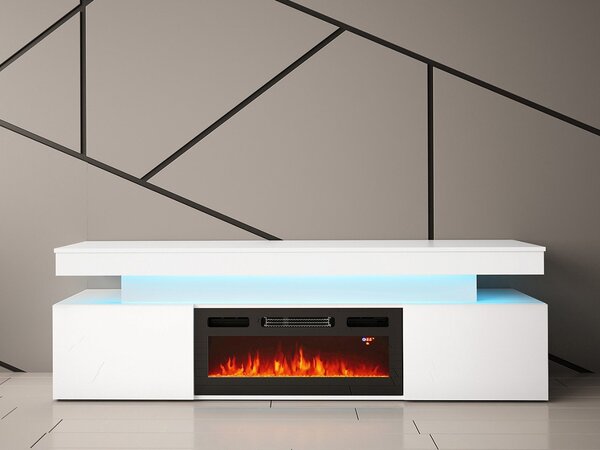 TV stolík s elektrickým krbom USOA - lesklý biely / matný biely + LED osvetlenie ZDARMA