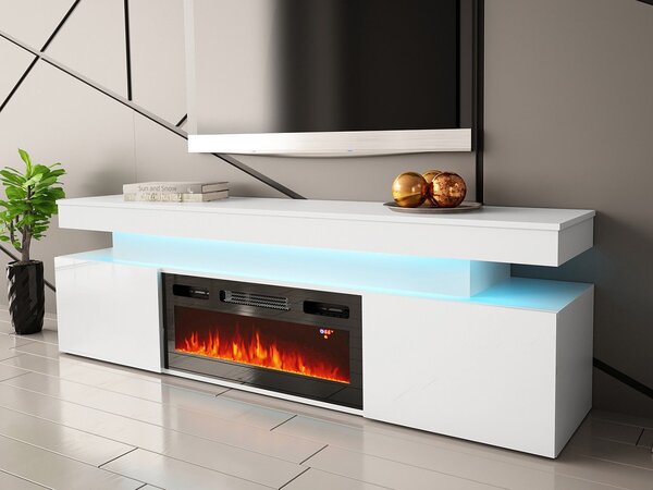 TV stolík s elektrickým krbom USOA - lesklý biely / matný biely + LED osvetlenie ZDARMA