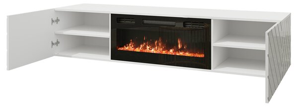 Závesný TV stolík s elektrickým krbom WANDER - čierny / lesklý čierny