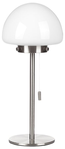 Stolná lampa strieborný kovový podstavec biele sklenené tienidlo vypínač na šnúrke minimalistický štýl kancelária