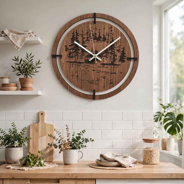Drevené nástenné hodiny – originálny motív ihličnatého lesa| RENT: HDF - Javor 30 cm 4803-115421 HDF0701-ruky-silver