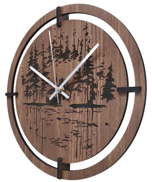 Drevené nástenné hodiny – originálny motív ihličnatého lesa| RENT: HDF - Javor 30 cm 4803-115421 HDF0701-ruky-silver