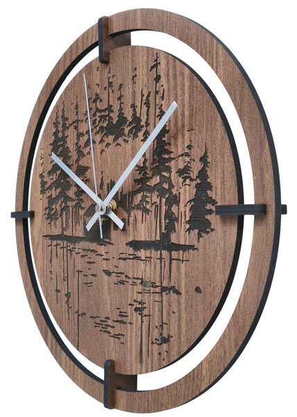 Drevené nástenné hodiny – originálny motív ihličnatého lesa| RENT: HDF - Javor 30 cm 4803-115421 HDF0701-ruky-silver