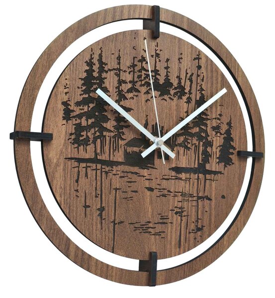 Drevené nástenné hodiny – originálny motív ihličnatého lesa| RENT: HDF - Javor 30 cm 4803-115421 HDF0701-ruky-silver