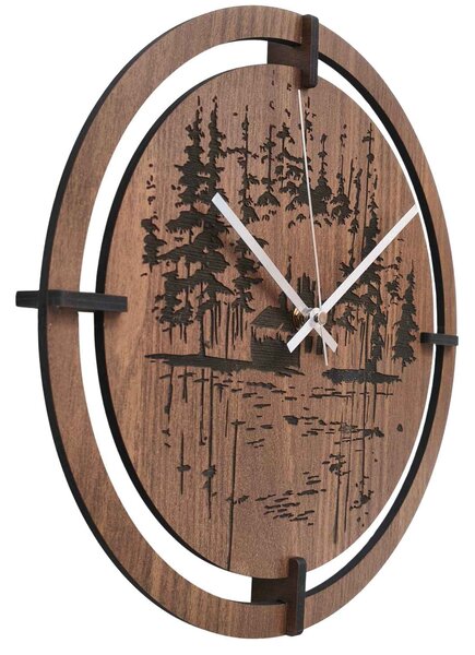 Drevené nástenné hodiny – originálny motív ihličnatého lesa| RENT: HDF - Javor 30 cm 4803-115421 HDF0701-ruky-silver