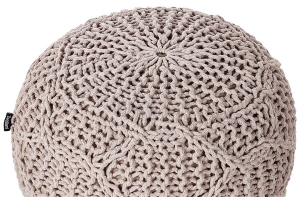 Taburetka sivobéžová bavlnená makramé 50 x 35 cm ručne vyrobený okrúhly puf s výplňou boho štýl
