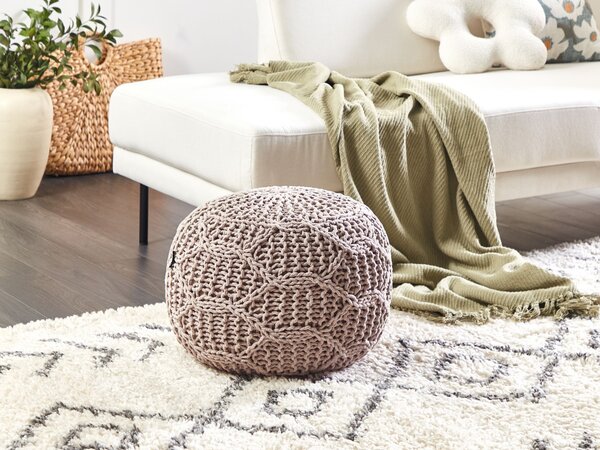 Taburetka sivobéžová bavlnená makramé 50 x 35 cm ručne vyrobený okrúhly puf s výplňou boho štýl
