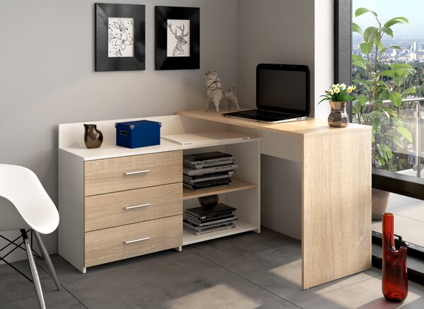 KONDELA Univerzálny rohový PC stôl, dub sonoma/biela, KLAUDI