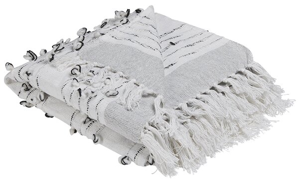 Deka svetlosivá akryl bavlna 130 x 150 cm obdĺžnikový tvar pásikavý vzor so strapcami prikrývka moderný boho štýl obývačka spálňa