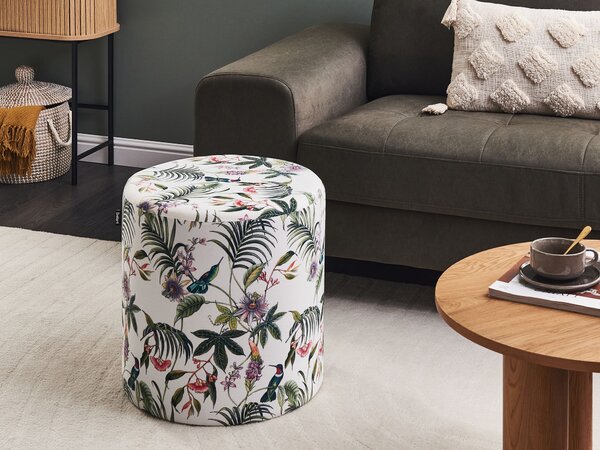 Taburet viacfarebný zamatové čalúnenie kvetovaný vzor okrúhla podnožka puf moderný elegantný dizajn
