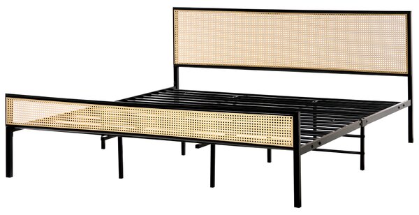 Posteľ čierna železo kovový rám 180 x 200 cm lamelový rošt PE ratan viedenský výplet s čelom moderný boho štýl spálňa
