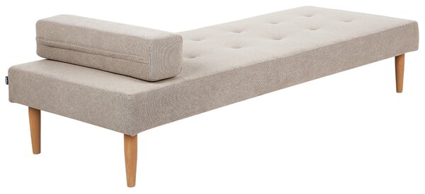 Leňoška béžová látková čalúnená drevené nohy podhlavník moderný minimalistický dizajn
