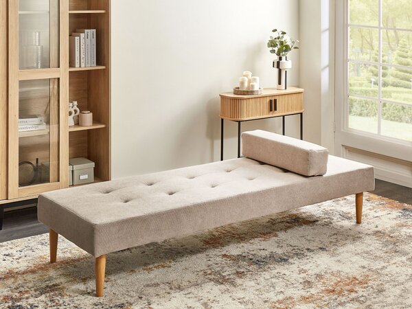 Leňoška béžová látková čalúnená drevené nohy podhlavník moderný minimalistický dizajn
