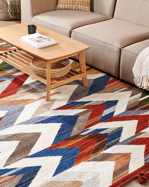 Kelímový koberec viacfarebný vlna a bavlna 200 x 300 cm ručne tkaný boho patchwork vzor so strapcami
