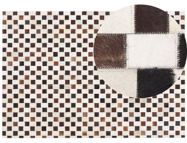 Koberec hnedý a béžový kožený 160 x 230 cm hovädzia koža geometrický patchworkový vzor