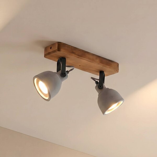 Lindby Spot Mitis, 30 cm, 2 svetlá, sivá, drevo, betón, GU10, Tmavé drevo, Obývacia izba / jedáleň, Betón, Industriálny dizajn, Stropné svetlo
