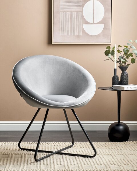 Dizajnové kreslo svetlosivé zamatové čalúnenie okrúhle sedadlo retro minimalistický dizajn