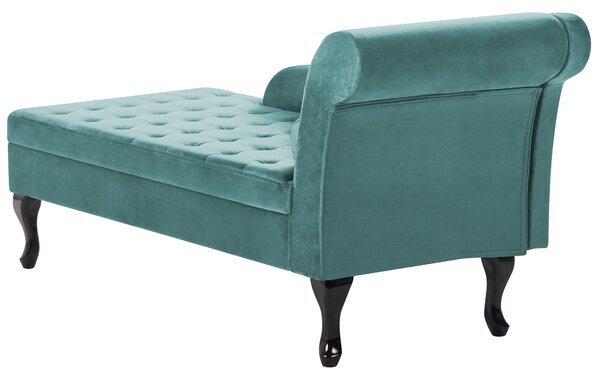 Pravostranná leňoška modrozelená zamatová čalúnená s úložným priestorom čierne nohy s podhlavníkom glamour retro dizajn