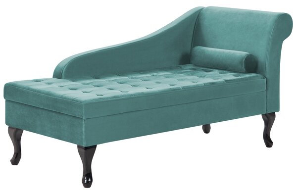 Pravostranná leňoška modrozelená zamatová čalúnená s úložným priestorom čierne nohy s podhlavníkom glamour retro dizajn