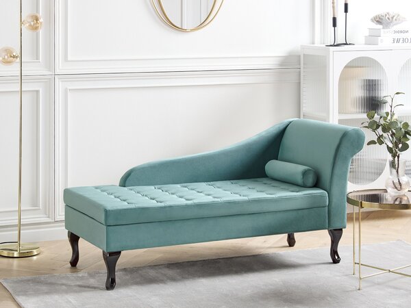 Pravostranná leňoška modrozelená zamatová čalúnená s úložným priestorom čierne nohy s podhlavníkom glamour retro dizajn