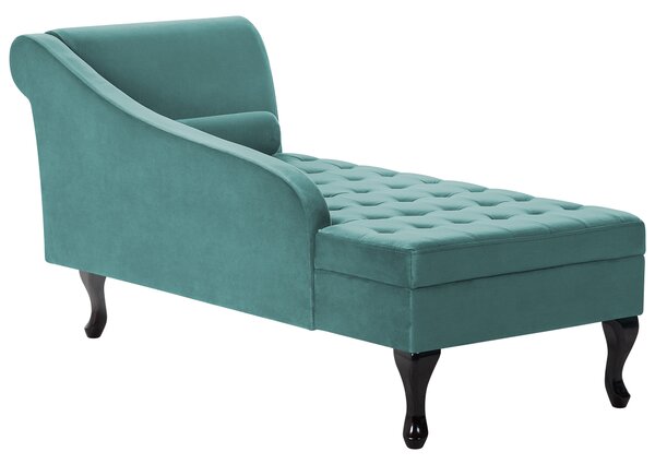 Pravostranná leňoška modrozelená zamatová čalúnená s úložným priestorom čierne nohy s podhlavníkom glamour retro dizajn