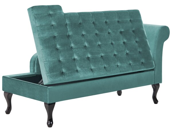 Pravostranná leňoška modrozelená zamatová čalúnená s úložným priestorom čierne nohy s podhlavníkom glamour retro dizajn