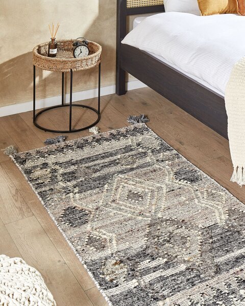 Kelímový koberec sivý vlna a bavlna 80 x 150 cm ručne tkaný boho patchwork vzor so strapcami