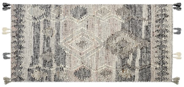 Kelímový koberec sivý vlna a bavlna 80 x 150 cm ručne tkaný boho patchwork vzor so strapcami