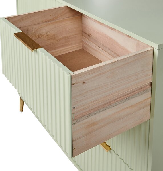 Komoda zelená MDF so 6 zásuvkami kovové nohy drážkované zásuvky moderný dizajn spálňa obývacia izba
